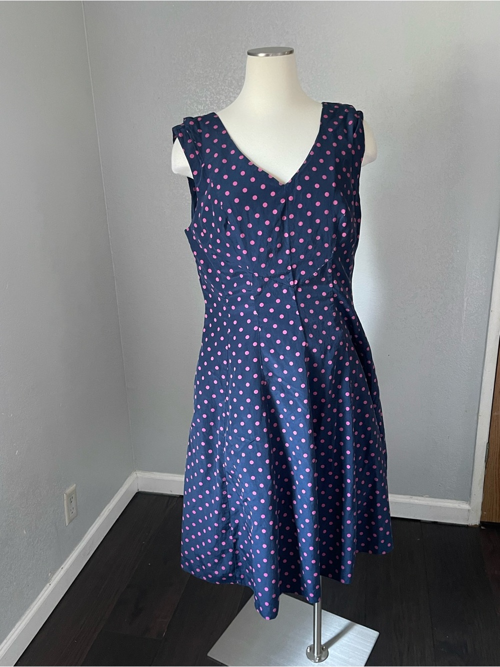 J. Peterman Navy Dress with Pink Polka Dots